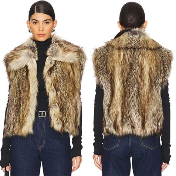 NWT A.L.C. Naya Faux Fur Vest  Point Collar And Sleeveless Brown Coyo Sz: Medium - Picture 7 of 7